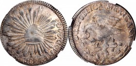 MEXICO. Hookneck 2 Reales, 1824-Mo JM. Mexico City Mint. NGC AU-55.
KM-373.4. One-year type. The "Hookneck" design is always in high demand and this ...