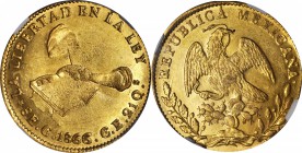 MEXICO. 8 Escudos, 1866-C CE. Culiacan Mint. NGC MS-63.
Fr-66; KM-383.2. Impressively preserved with attractive flashy luster, medium honey golden co...