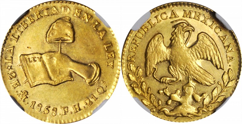 MEXICO. 2 Escudos, 1858-Mo FH. Mexico City Mint. NGC MS-61.
Fr-87; KM-380.7. No...
