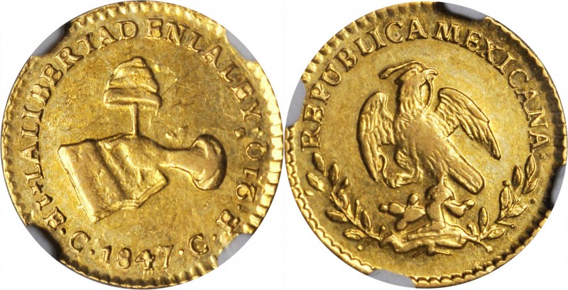 MEXICO. Escudo, 1847-C CE. Culiacan Mint. NGC AU-58.
Fr-98; KM-379. Our first o...