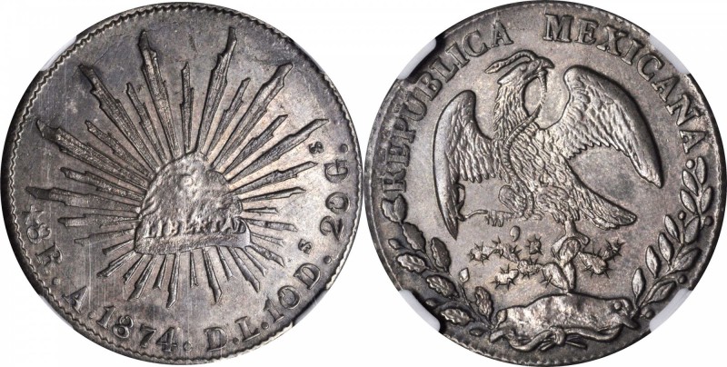 MEXICO. 8 Reales, 1874-A DL. Alamos Mint. NGC MS-63.
KM-377; DP-As12. Displayin...