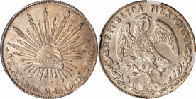 MEXICO. 8 Reales, 1880-As ML. Alamos Mint. NGC MS-63.
KM-377; DP-As20. Lustrous with gorgeous parchment tone. Tied with one other example at this num...