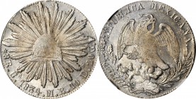MEXICO. 8 Reales, 1834-Ca MR. Chihuahua Mint. NGC MS-61.
KM-377.2; DP-Ca04. Choice quality for this elusive and coveted issue with strong luster and ...