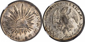 MEXICO. 8 Reales, 1845-Ca RG. Chihuahua Mint. NGC MS-63.
KM-377.2; DP-Ca16. Coin displays a sharp strike and full luster, gray toned but strongly inf...