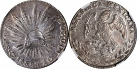 MEXICO. 8 Reales, 1858-Ca JC. Chihuahua Mint. NGC MS-63.
KM-377.2; DP-Ca30. Exhibiting a bold strike, full luster, and saturating gray toning that ex...
