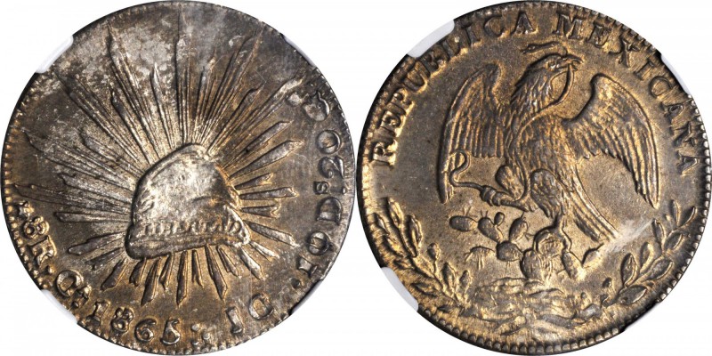 MEXICO. 8 Reales, 1865-Ca JC. Chihuahua Mint. NGC MS-62.
KM-377.2; DP-Ca38. Uni...