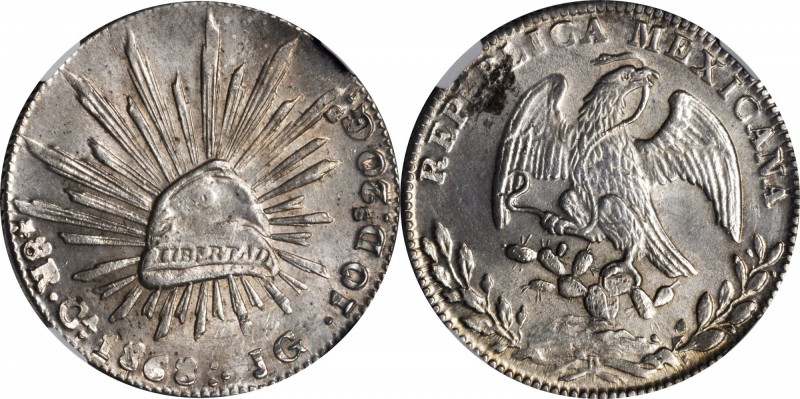 MEXICO. 8 Reales, 1868-Ca JG. Chihuahua Mint. NGC MS-63.
KM-377.2; DP-Ca44. Fla...