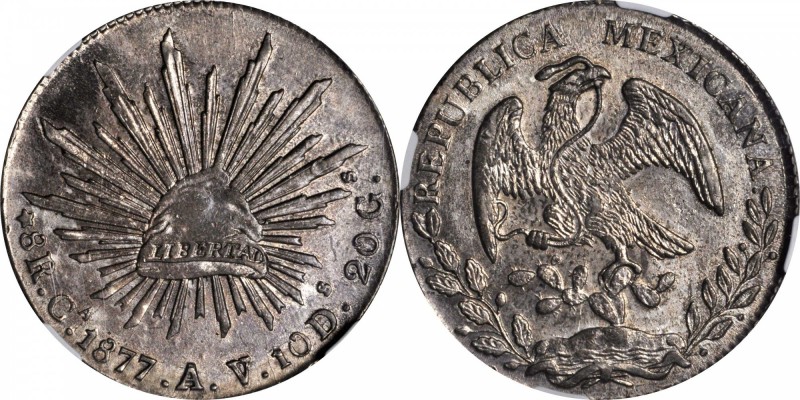 MEXICO. 8 Reales, 1877-Ca AV. Chihuahua Mint. NGC MS-62.
KM-377.2; DP-Ca56. Str...