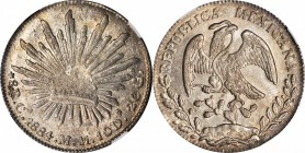 MEXICO. 8 Reales, 1884-Ca MM. Chihuahua Mint. NGC MS-63+.
KM-377.2; DP-Ca67. Some doubling of the reverse strike, notable in the legend. Pleasing rus...