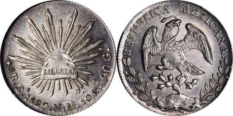 MEXICO. 8 Reales, 1887-Ca MM. Chihuahua Mint. NGC MS-62.
KM-377.2; DP-Ca70. Lig...