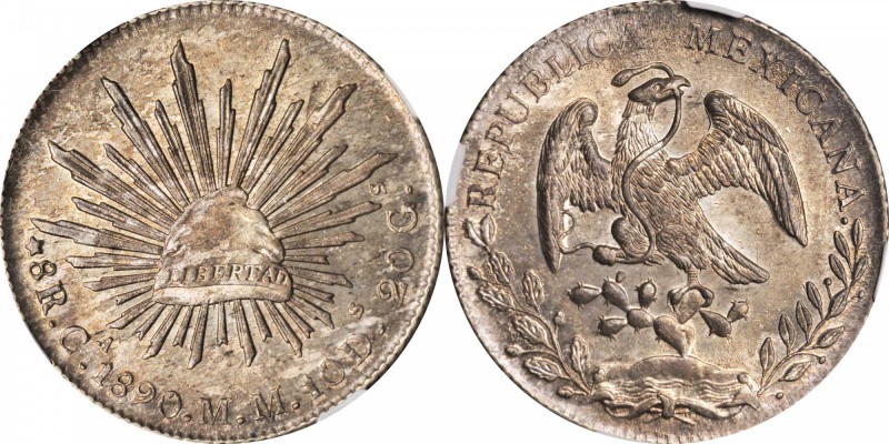 MEXICO. 8 Reales, 1890-Ca MM. Chihuahua Mint. NGC MS-63+.
KM-377.2; DP-Ca73. Th...