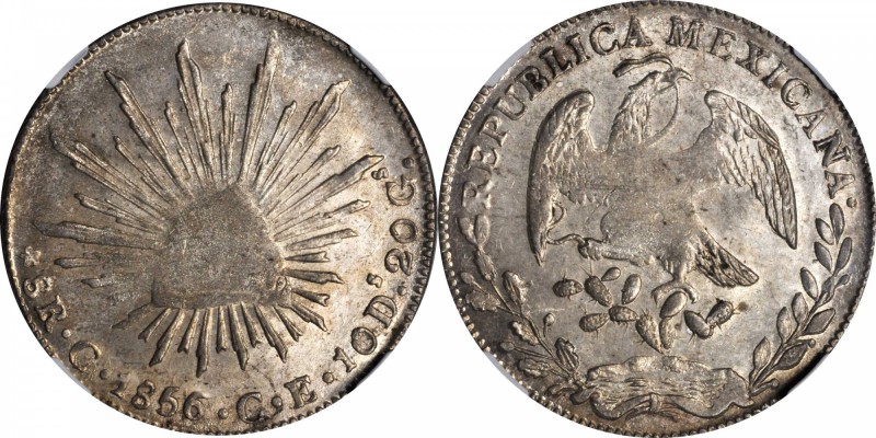 MEXICO. 8 Reales, 1856-C CE. Culiacan Mint. NGC MS-62.
KM-377.3; DP-Cn11. Weakl...
