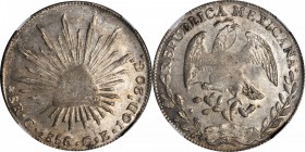 MEXICO. 8 Reales, 1856-C CE. Culiacan Mint. NGC MS-62.
KM-377.3; DP-Cn11. Weakly struck centers as is typical for the issue with light toning over bo...