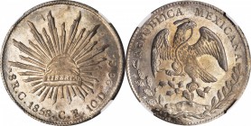 MEXICO. 8 Reales, 1858-C CE. Culiacan Mint. NGC MS-63+.
KM-377.3; DP-Cn13. The single finest certified example at either NGC or PCGS. Darkly toned wi...