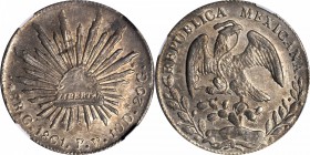 MEXICO. 8 Reales, 1861-C PV/CE. Culiacan Mint. NGC MS-62.
KM-377.3; DP-Cn17. Displaying a decent strike and pervasive medium gray toning.
