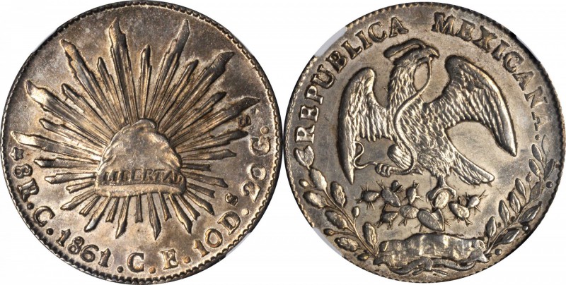 MEXICO. 8 Reales, 1861/0-C CE. Culiacan Mint. NGC MS-61.
KM-377.3; DP-Cn18. Mod...