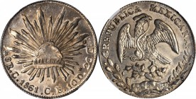 MEXICO. 8 Reales, 1861/0-C CE. Culiacan Mint. NGC MS-61.
KM-377.3; DP-Cn18. Moderately toned with sparkling luster. RARE as the overdate variety for ...