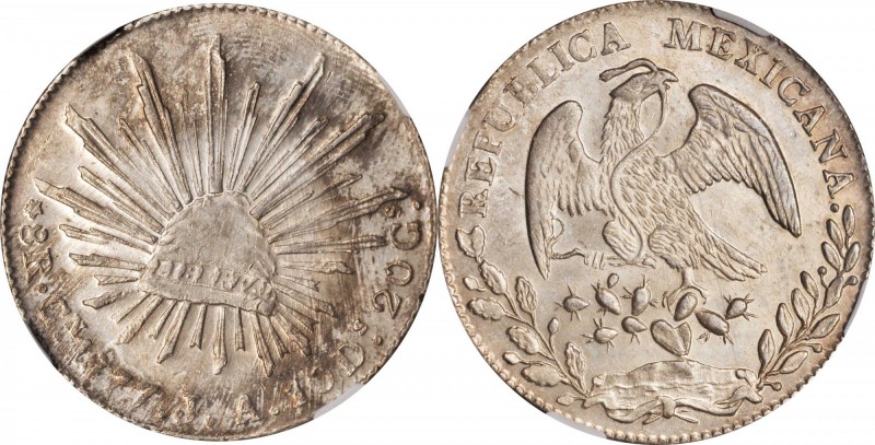 MEXICO. 8 Reales, 1877-Cn JA. Culiacan Mint. NGC MS-63.
KM-377.3; DP-Cn35. SCAR...