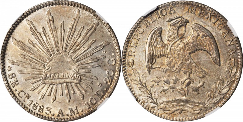 MEXICO. 8 Reales, 1883-Cn AM. Culiacan Mint. NGC MS-64.
KM-377.3; DP-Cn44. Exhi...