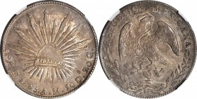 MEXICO. 8 Reales, 1885-C AM. Culiacan Mint. NGC MS-62.
KM-377.3; DP-Cn46. The sole example at this numerical grade, with just one example certified f...