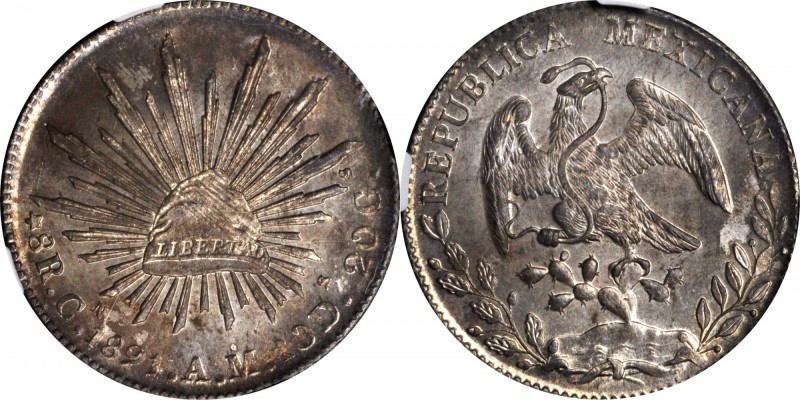 MEXICO. 8 Reales, 1891-Cn AM. Culiacan Mint. NGC MS-64.
KM-377.3; DP-Cn53. Imbu...