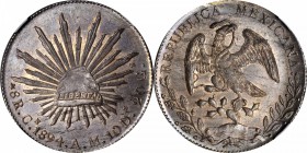 MEXICO. 8 Reales, 1894-Cn AM. Culiacan Mint. NGC MS-64.
KM-377.3; DP-Cn56. An exceptionally attractive near-Gem of the date with smooth fields and su...