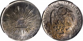 MEXICO. 8 Reales, 1895-Cn AM. Culiacan Mint. NGC MS-63.
KM-377.3; DP-Cn57. Richly toned with razor sharp detail throughout the design.