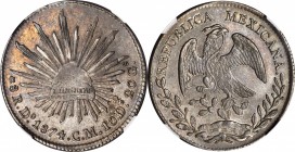MEXICO. 8 Reales, 1874-Do CM. Durango Mint. NGC AU-58.
KM-377.4; DP-Do55. Sharply struck and quite attractive with rich grey tone displaying an attra...