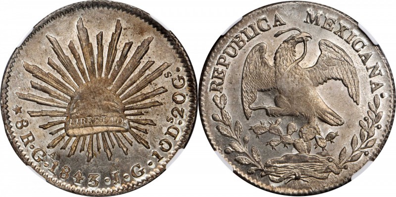 MEXICO. 8 Reales, 1843-Ga JG. Guadalajara Mint. NGC MS-64.
KM-377.6; DP-Ga23. M...