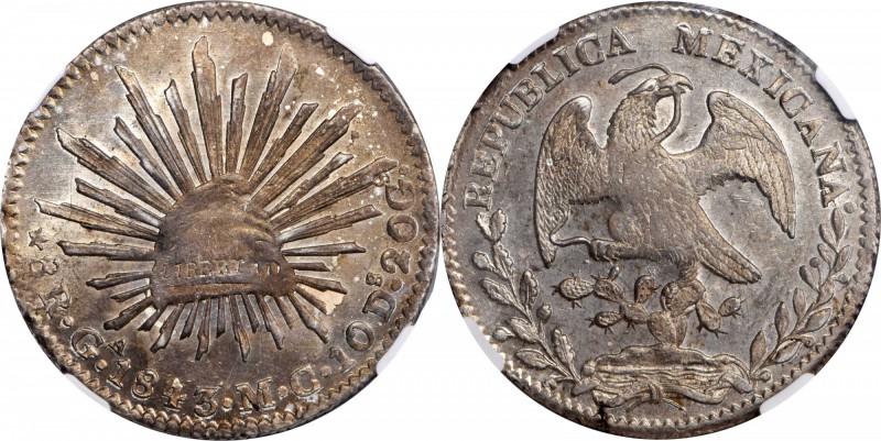 MEXICO. 8 Reales, 1843-Ga MC. Guadalajara Mint. NGC MS-63.
KM-377.6; DP-Ga24. T...