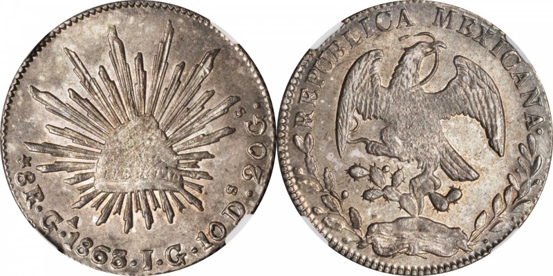 MEXICO. 8 Reales, 1863/59-Ga JG. Guadalajara Mint. NGC MS-64.
KM-377.6; DP-Ga45...