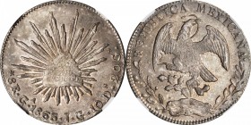 MEXICO. 8 Reales, 1863/59-Ga JG. Guadalajara Mint. NGC MS-64.
KM-377.6; DP-Ga45. Tied for finest certified of the overdate with two other examples at...