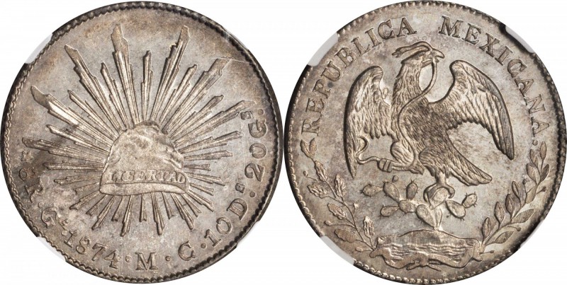 MEXICO. 8 Reales, 1874-Ga MC. Guadalajara Mint. NGC MS-64.
KM-377.6; DP-Ga54. E...