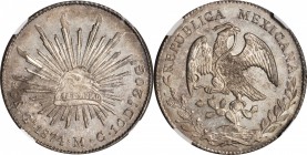 MEXICO. 8 Reales, 1874-Ga MC. Guadalajara Mint. NGC MS-64.
KM-377.6; DP-Ga54. Exhibits good strike and flashy surfaces, moderately toned. Tied with o...