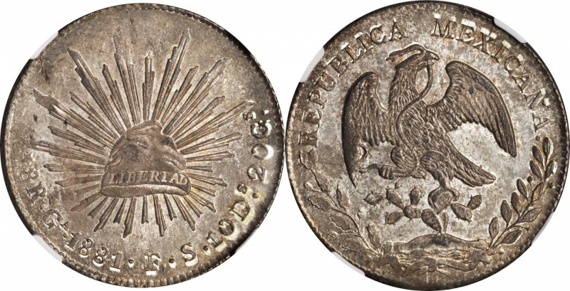 MEXICO. 8 Reales, 1881-Ga FS. Guadalajara Mint. NGC MS-63.
KM-377.6; DP-Ga64. E...