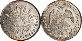 MEXICO. 8 Reales, 1886-Ga JS. Guadalajara Mint. NGC MS-64+.
KM-377.6; DP-Ga72. Exhibits full flashy luster and attractive peripheral russet toning. T...