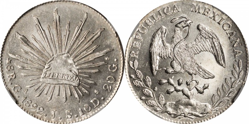 MEXICO. 8 Reales, 1892-Ga JS. Guadalajara Mint. NGC MS-63+.
KM-377.6; DP-Ga78. ...