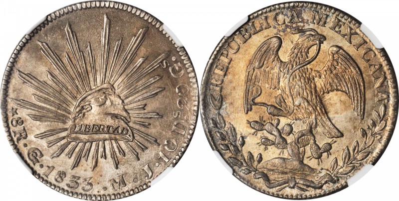 MEXICO. 8 Reales, 1833-Go MJ. Guanajuato Mint. NGC MS-62.
KM-377.8; DP-Go14. Va...