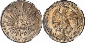 MEXICO. 8 Reales, 1833-Go MJ. Guanajuato Mint. NGC MS-62.
KM-377.8; DP-Go14. Variety with three dots after date and full J. Third finest certified at...