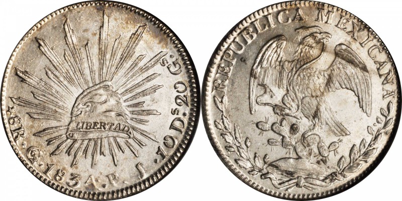 MEXICO. 8 Reales, 1834-Go PJ. Guanajuato Mint. NGC MS-64.
KM-377.8; DP-Go16. We...