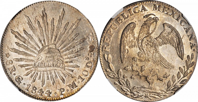 MEXICO. 8 Reales, 1844-Go PM. Guanajuato Mint. NGC MS-63+.
KM-377.8; DP-Go27. T...