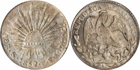 MEXICO. 8 Reales, 1852/42-Go PF. Guanajuato Mint. PCGS MS-62.
KM-377.8; DP-Go36. A SCARCE overdate in any grade. A lovely well struck with example ex...