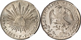MEXICO. 8 Reales, 1858-Go PF. Guanajuato Mint. NGC MS-64.
KM-377.8; DP-Go42. Tied with five other examples for finest certified at either NGC or PCGS...