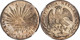 MEXICO. 8 Reales, 1875-Go FR. Guanajuato Mint. NGC-64.
KM-377.8; DP-Go55. Coin exhibits razor sharp strike with booming luster and moderate even smok...