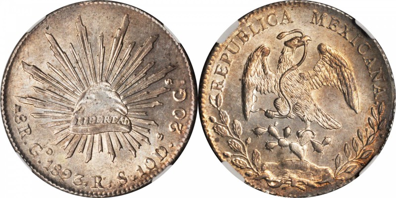 MEXICO. 8 Reales, 1893-Go RS. Guanajuato Mint. NGC MS-64.
KM-377.8; DP-Go76. Ex...