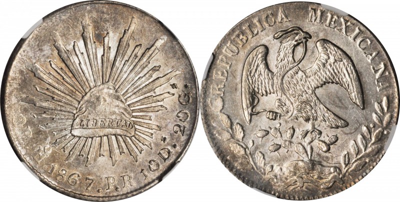 MEXICO. 8 Reales, 1867-Ho PR. Hermosillo Mint. NGC MS-63.
KM-377.9; DP-Ho09. A ...