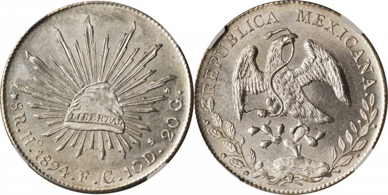 MEXICO. 8 Reales, 1894-Ho FG. Hermosillo Mint. NGC MS-63+.
KM-377.9; DP-Ho41. T...