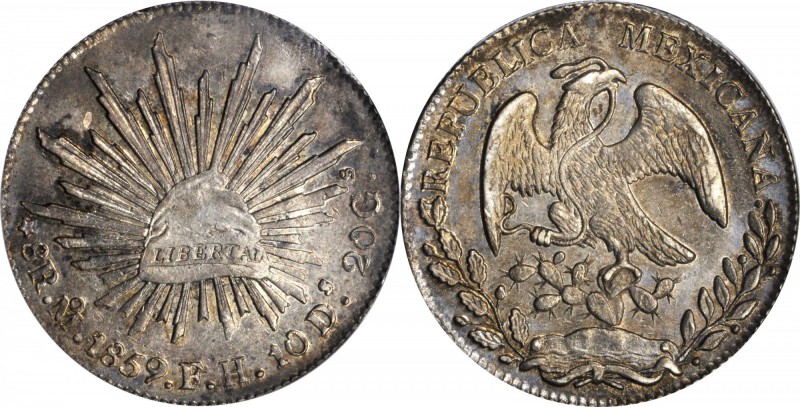 MEXICO. 8 Reales, 1859-Mo FH. PCGS AU-55 Gold Shield.
KM-377.10; DP-Mo45. Probl...