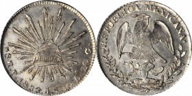 MEXICO. 8 Reales, 1833-Pi JS. PCGS AU-58 Gold Shield.
KM-377.12; DP-Pi08. Far better than most seen with an impressive sharp "LIBERTAD" on the radian...