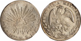 MEXICO. 8 Reales, 1877-Pi MH. San Luis Potosi Mint. NGC MS-64.
KM-377.12; DP-Pi63. Struck with slightly worn dies but exhibiting full satiny luster a...